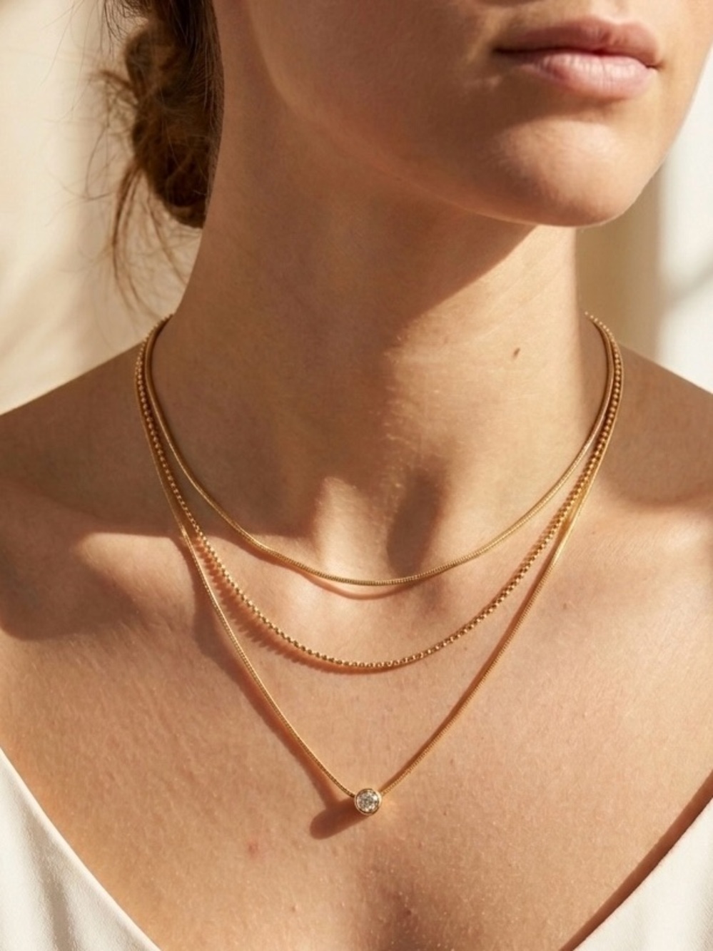 Gold Layered Necklace Set | Snake Chain CZ Solitaire Pendant | Stainless Steel